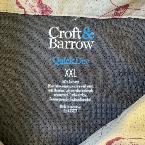 Croft Barrow Shirt Mens 2XL XXL Tall Quick Dry Fishing Vented AOP Bass Beige Red - Picture 3 of 11